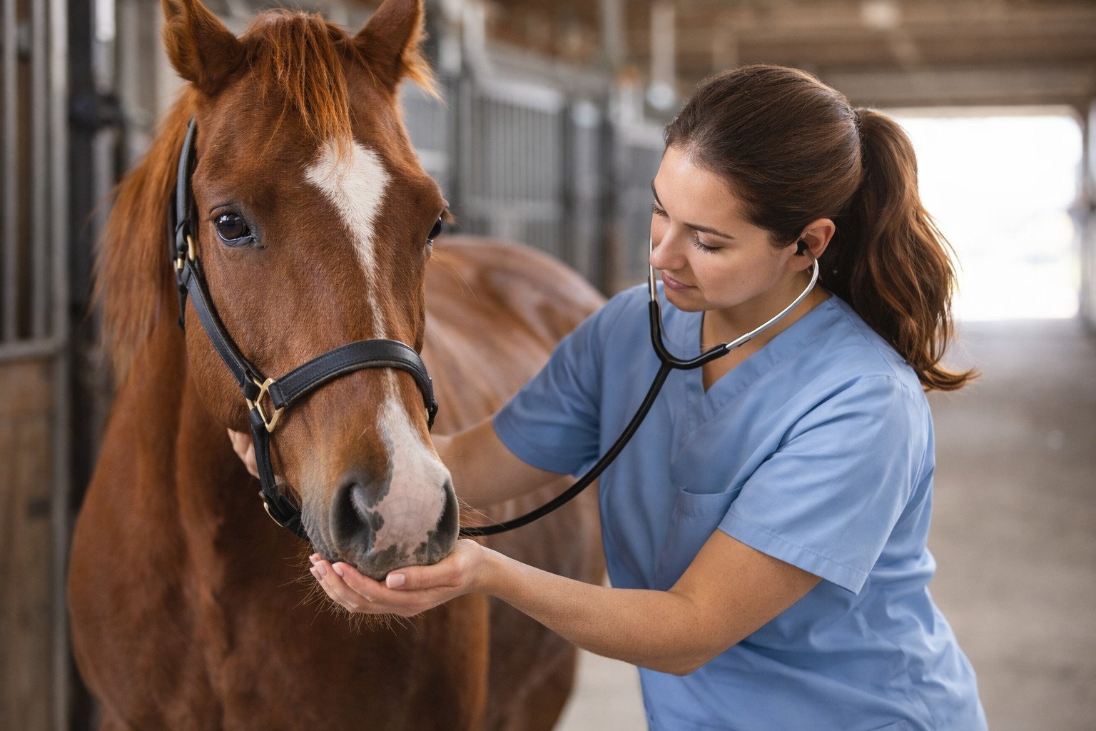 Veterinaria realizando una valoración a un caballo