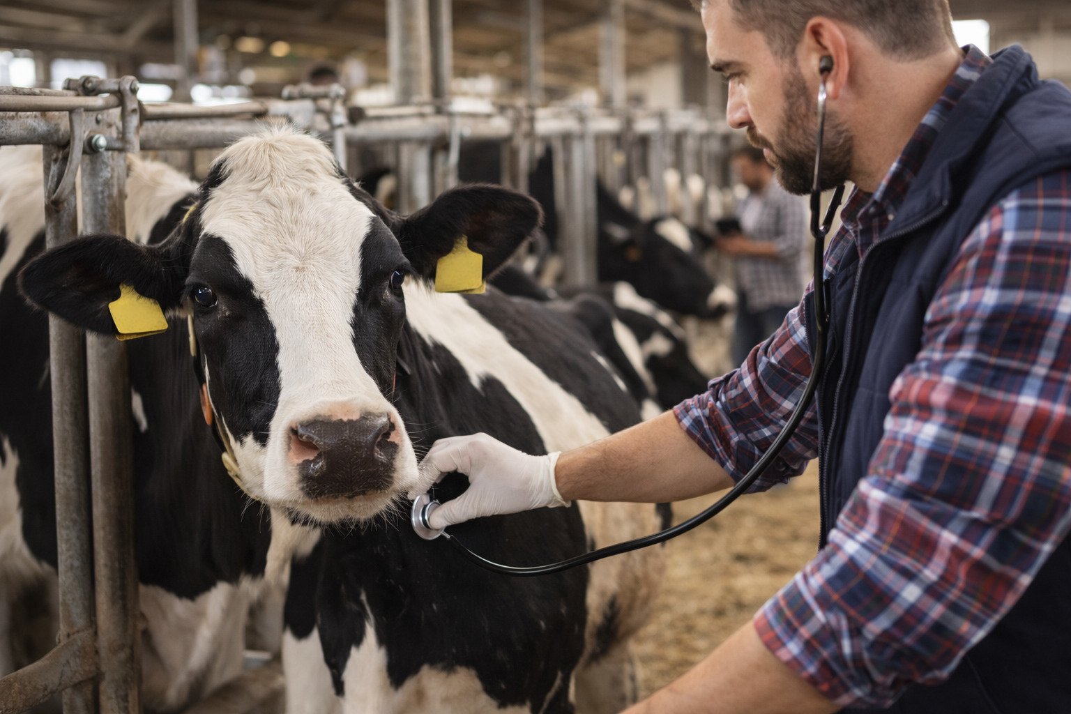 Veterinario valorando una vaca en una explotación ganadera