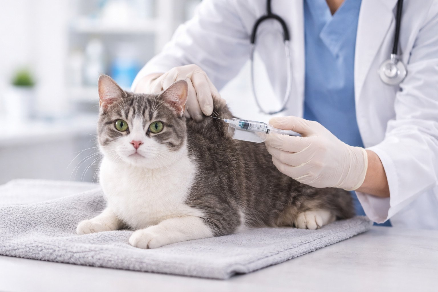 Veterinario preparando la vacunación de un gato